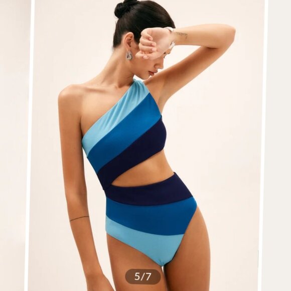COMMENSE ASYMMETRICAL STRIPED ONE SHOULDER CUTOUT SWIMSUIT BLUE SIZE SMALL - Picture 10 of 10